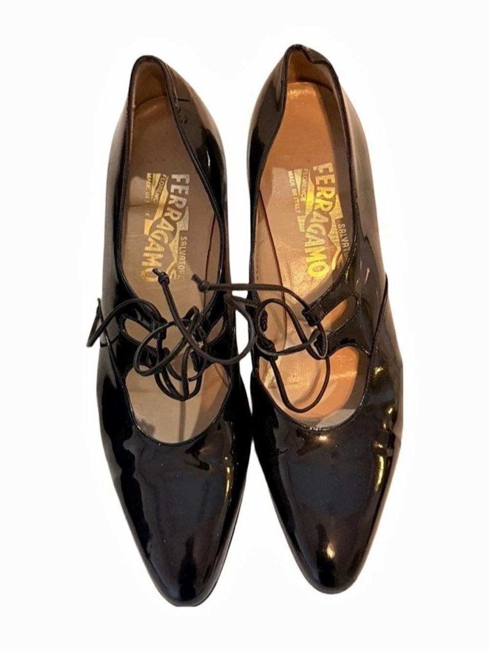 Ferragamo Black Patent Lace-Up Heels